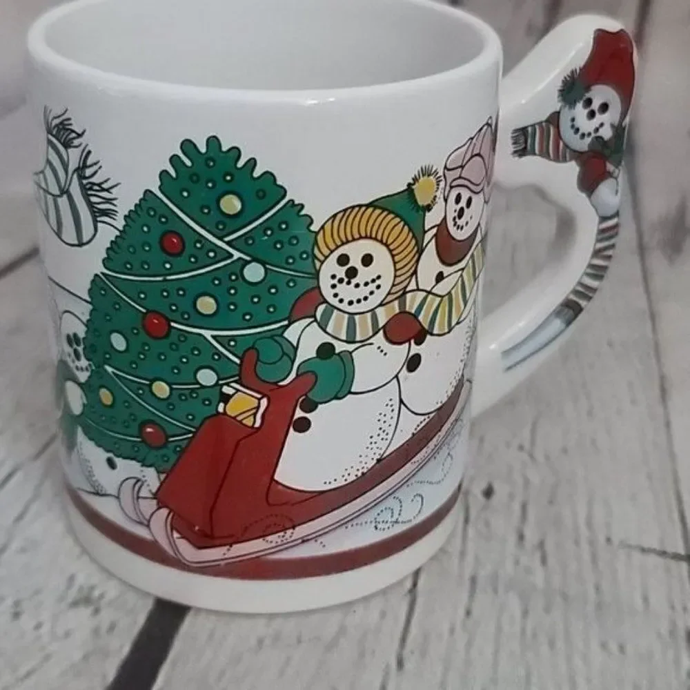 Vintage Christmas Snowman Handle Coffee Mug